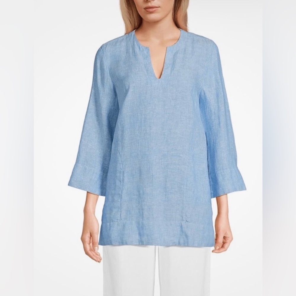 Lands' End Womens Linen Blend Split Neck Tunic Soft Blue Pockets Size Small